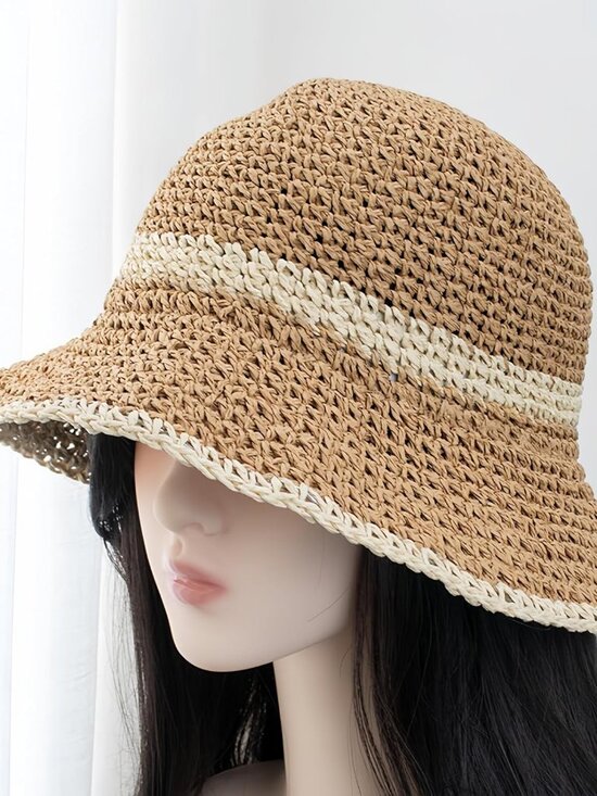 Women Foldable Summer Wide Brim Packable Hat Travel Straw Fedora Hat Khaki Beige main image 6